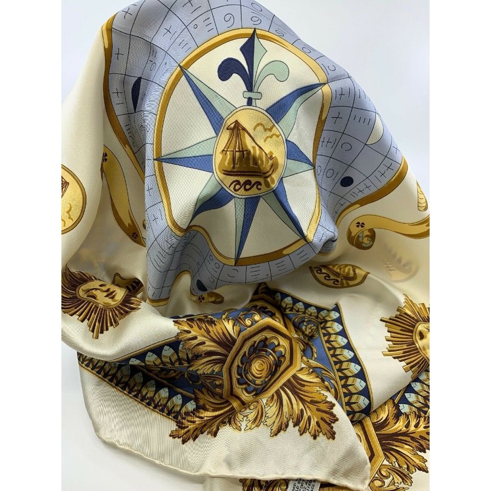 Sacha For Basha Silk Scarf Square Zodiac Beige Sun Star 34” Hand Rolled Twill